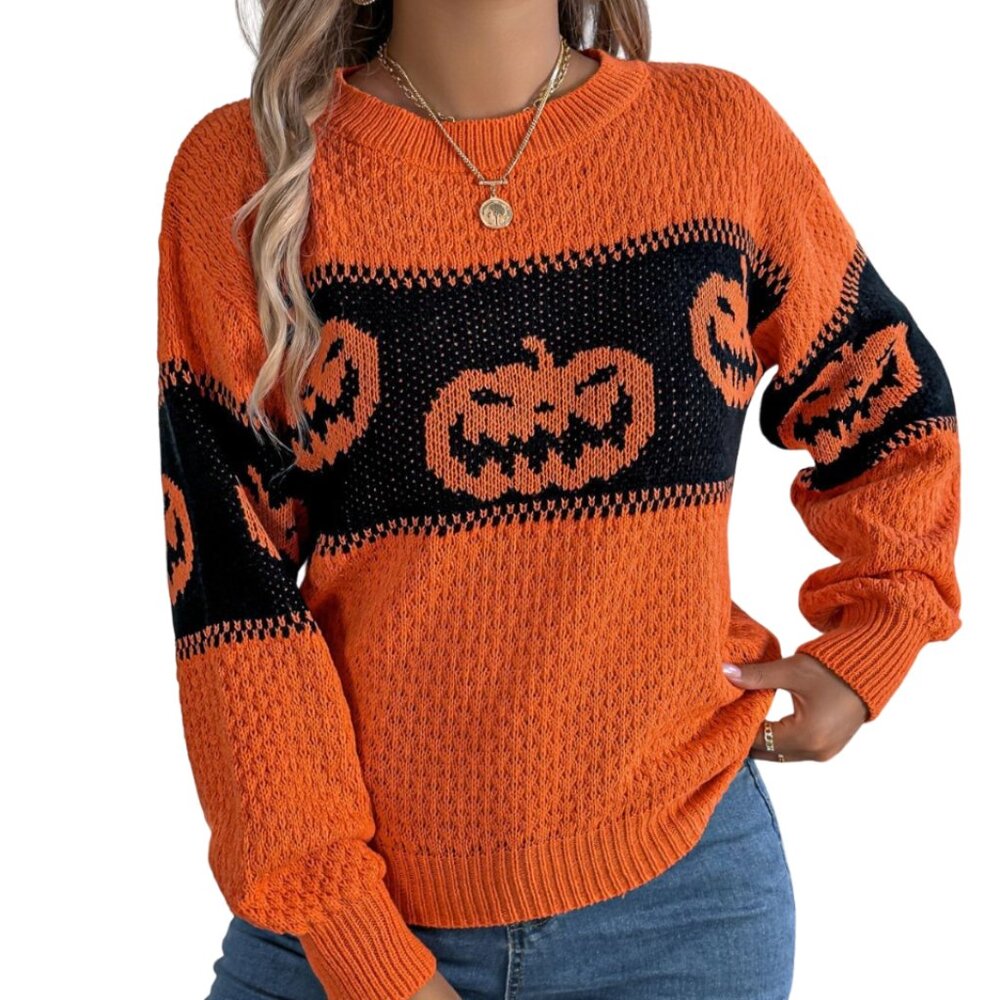 Pumpkin Round Neck Long Sleeve Sweater Fall Sweater